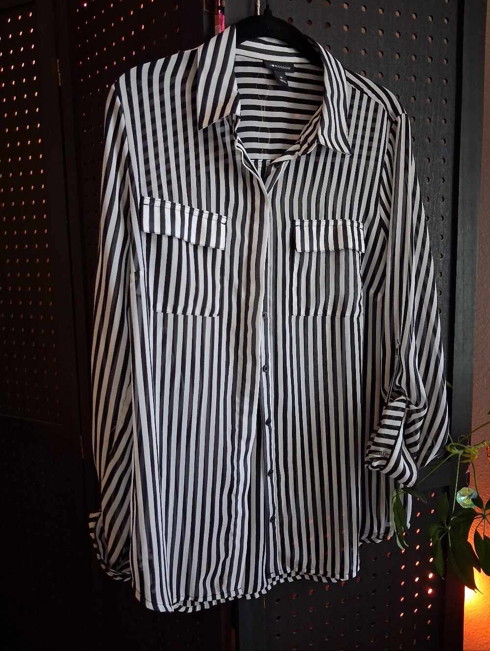 Black and White Vertical Stripe Womens Sheer Button-Up Shirt